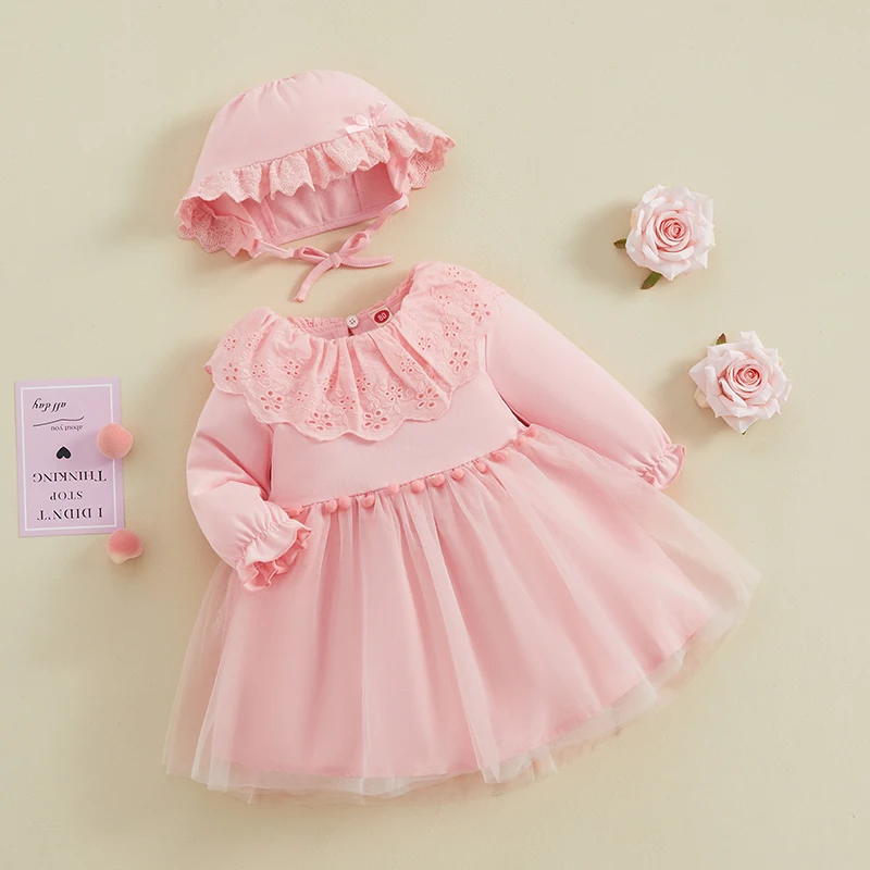 

Toddler Girls Dress Lace Doll Collar Bobbles Layered Tulle Hem Long Sleeve Baby Dress Spring Casual Princess Dress with Hat