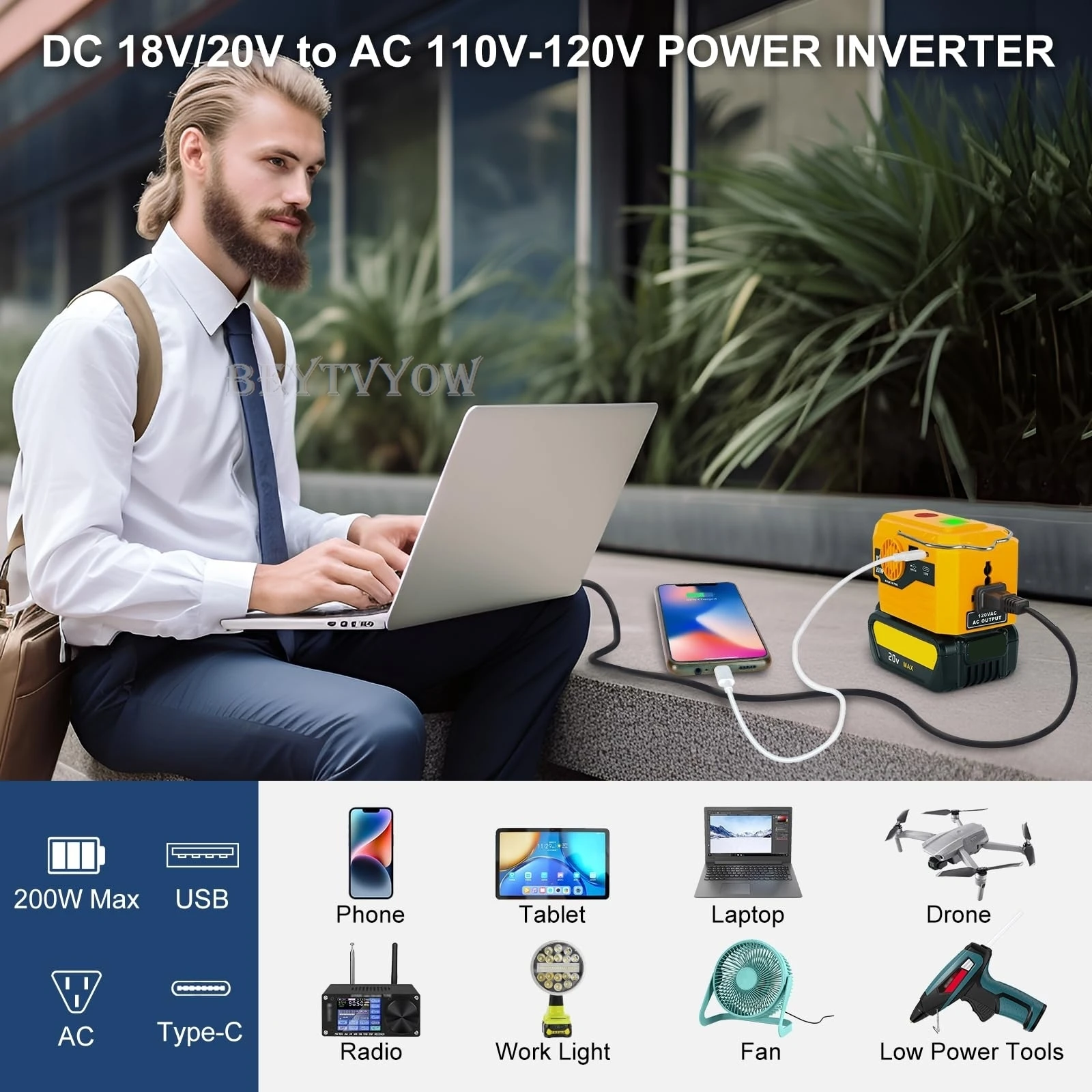 DC 20V to AC 110/220-230V Power Inverter Compatible with Dewalt 20V Max Battery