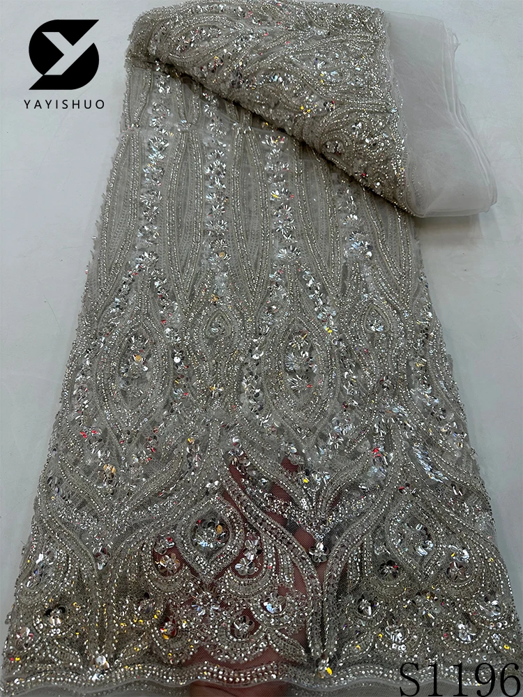 African Heavy Beaded Lace Fabric, Nigerian Sequins Tulle, Luxury Wedding Dress, High Quality, S1196, 5 Yards, 2024