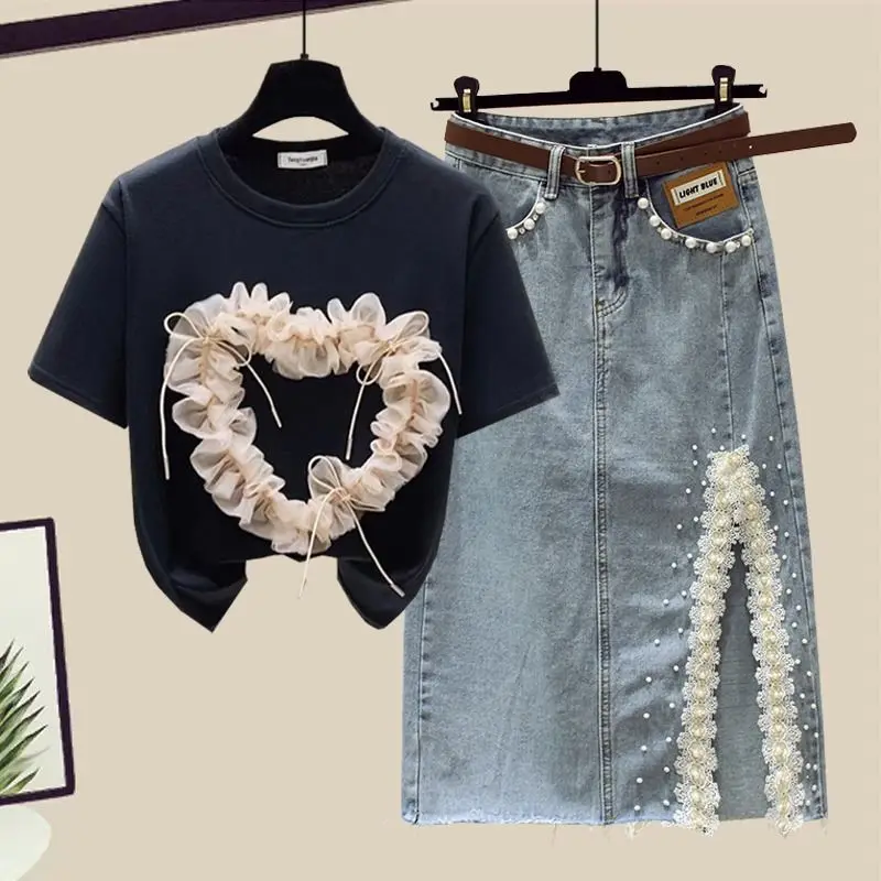 2024 Summer New Set Skirt Fashionable Short Sleeved Top Split Denim Skirt Slim and Elegant Women's Two Piece Set