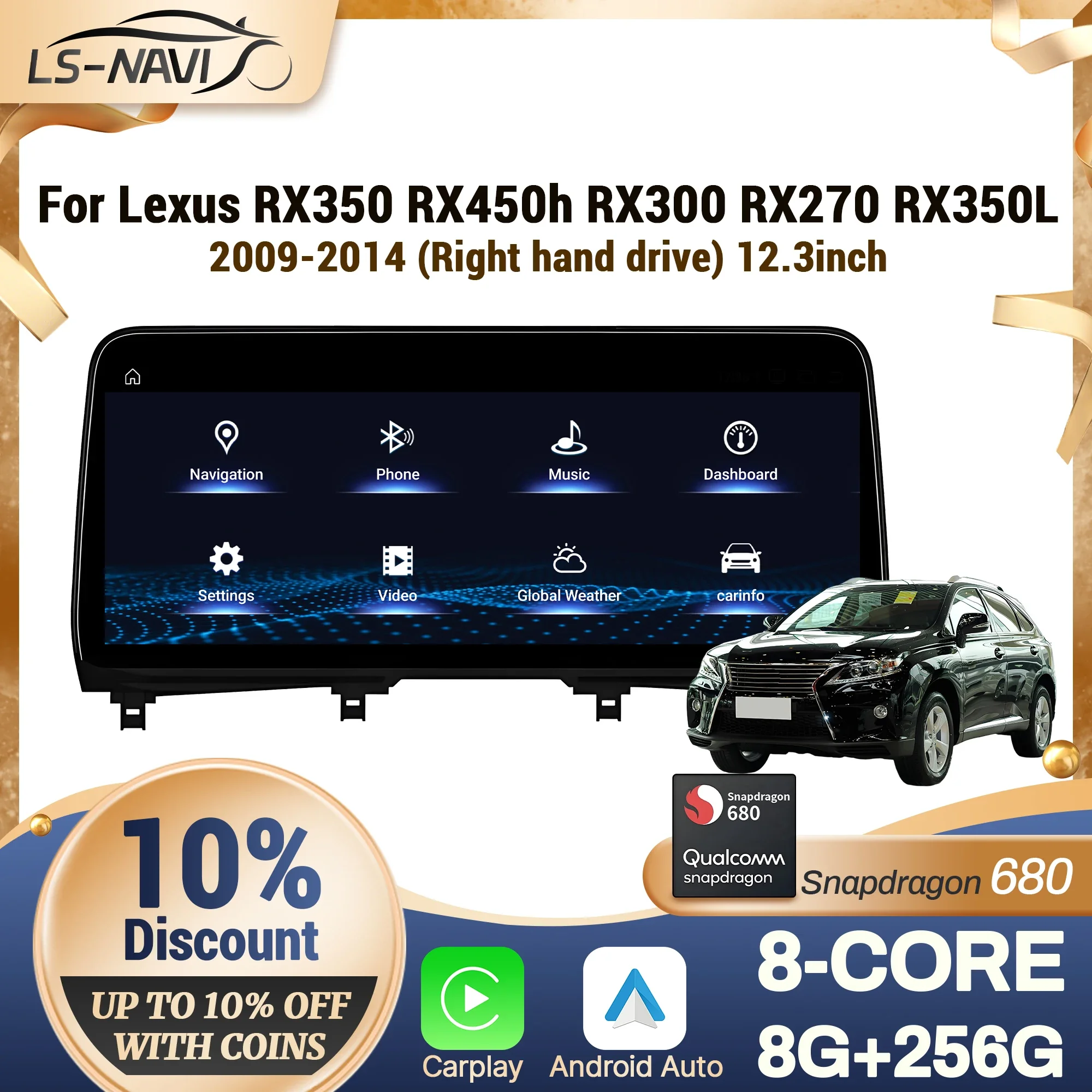 12,3 "RHD para LEXUS RX350 RX450h RX300 RX270 RX350L 2009-2014 Radio de coche inalámbrico CarPlay Multimedia pantalla Snapdragon 680 1