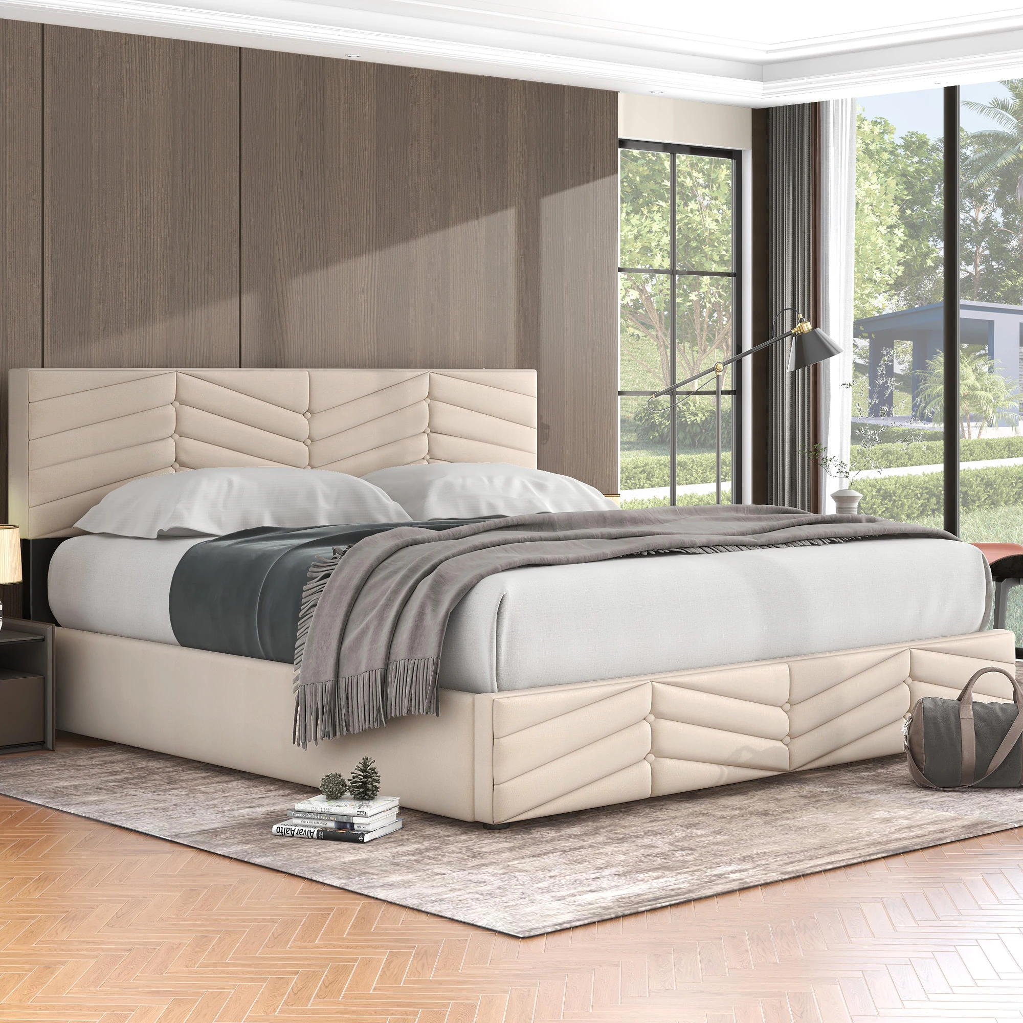 Gepolstertes Doppelbett mit hydraulischer Funktion, höhenverstellbarem Kopfteil, 180 x 200 cm, beige Samt. – Detail 7