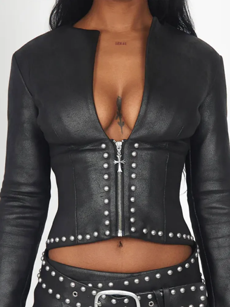 Tief Ausgeschnittene Metallische Kunstleder-Jacken Mini-Rock-Anzüge für Damen Sexy Langarm Reißverschluss Crop-Jacken Etuikleider Schicke Damen-Outfits – Detail 12