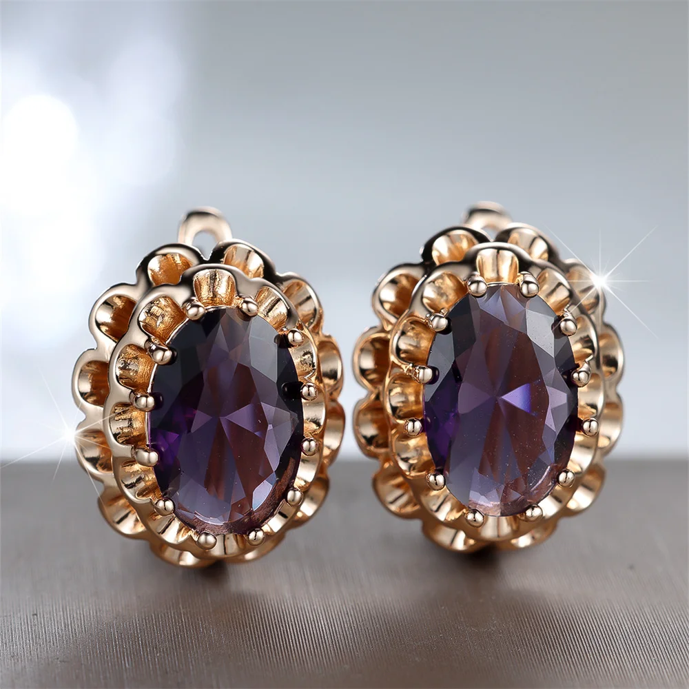 Purple Crystal Geometric Oval Stone Flower Hoop Earrings For Women Vintage Gold Color Ear Buckle Wedding Jewelry Engagement Gift