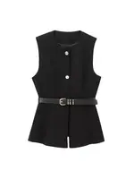 Women's Long Waistcoat with Belt, Front Gold Button, O Neck Sleeveless Vest, Female Outerwear, Chic Tops, Fashion - Image 2