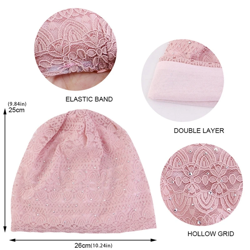 Women Elastic Turban Muslim Lace Rhinestone Hijab Islam Sleep Night Caps Chemo Pullover Hat Ladies Scarf Headwrap Baggy Beanies 6