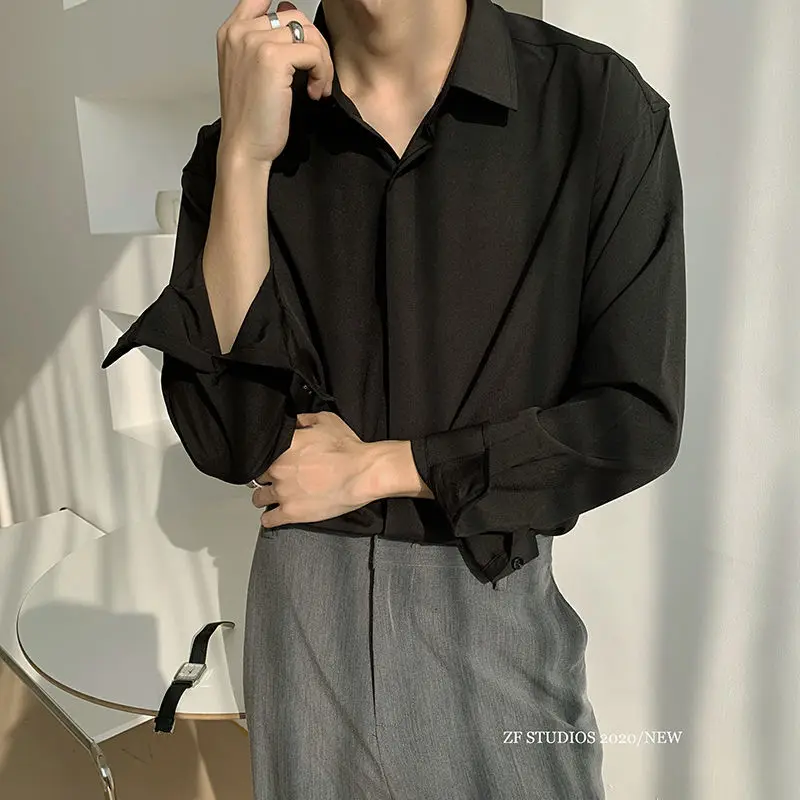 Casual White Shirt for Men Solid Color Ice Silk Long Sleeve Shirt Harajuku Loose Top Quality Drape White Japanese Streetwear long sleeve shirt,silk shirt