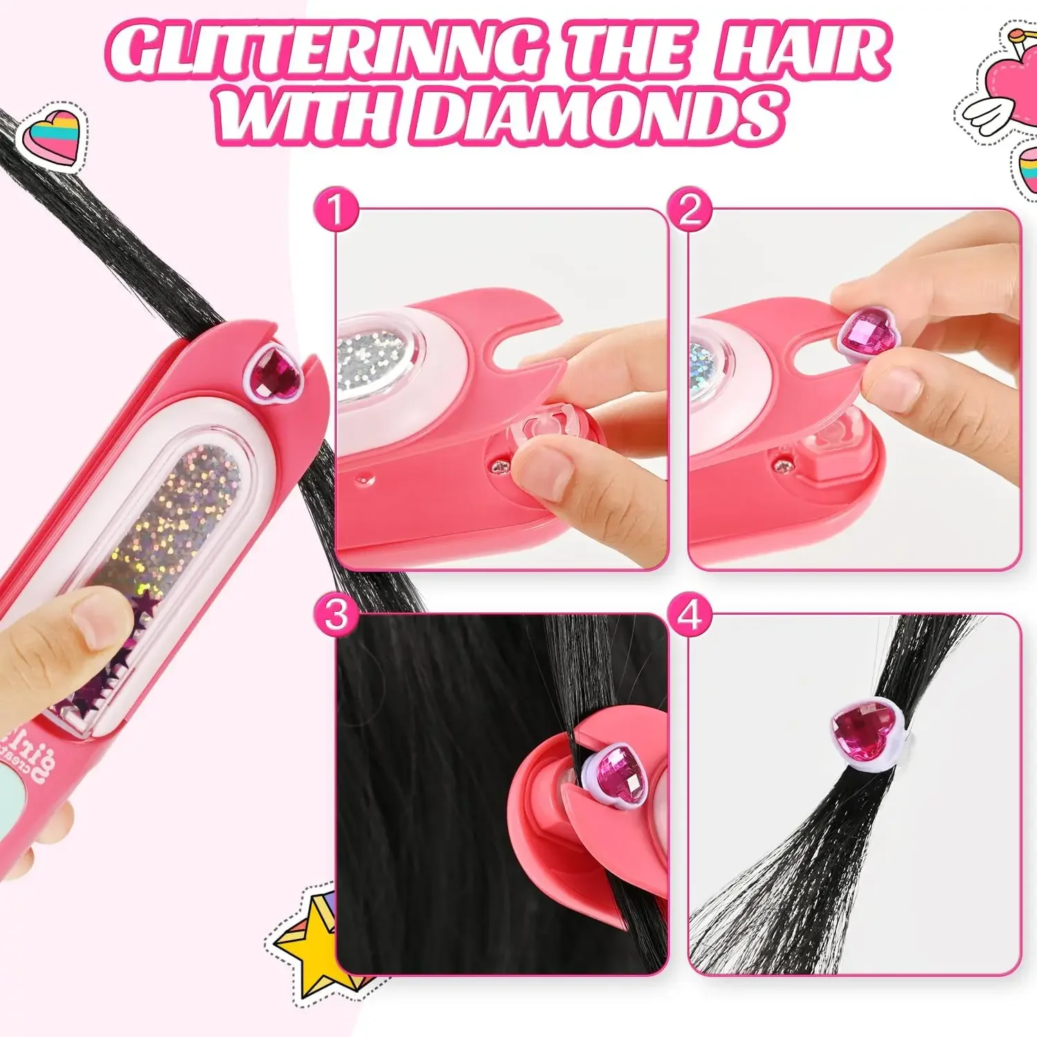 Hair Accessories Makeup Toy Hair Gem Stamper Kit Blingling Hair Jewels for Girls Toys Styling Tool with Reusable Shining Diamonds Pretend Play Toy Gift