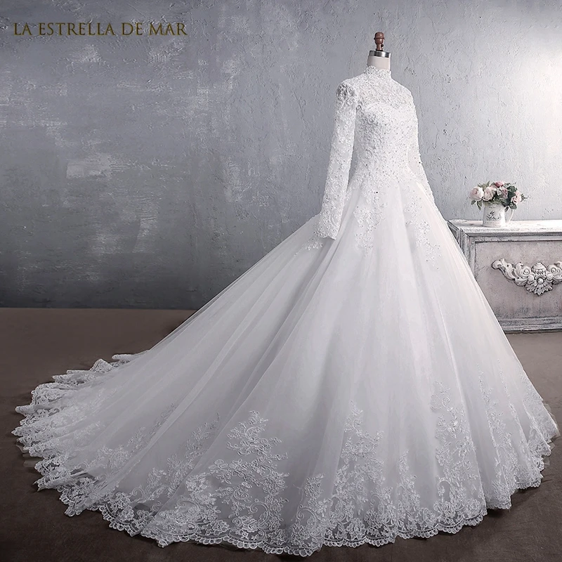 white wedding dresses for women 2022 bride new high neck tulle applique beaded long sleeves A Line muslim gown SweepTrain |