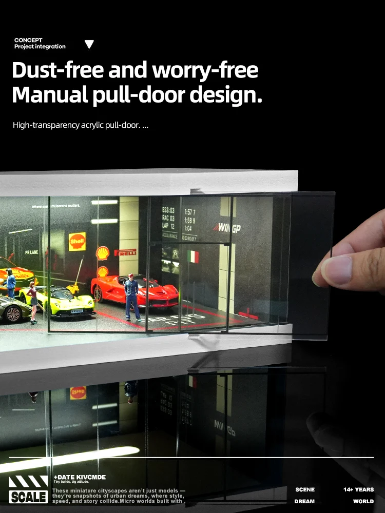 1/64 Auto Shop Miniature Scene Model Simulation Parking Lot with Lights Garage Storage Display Box 