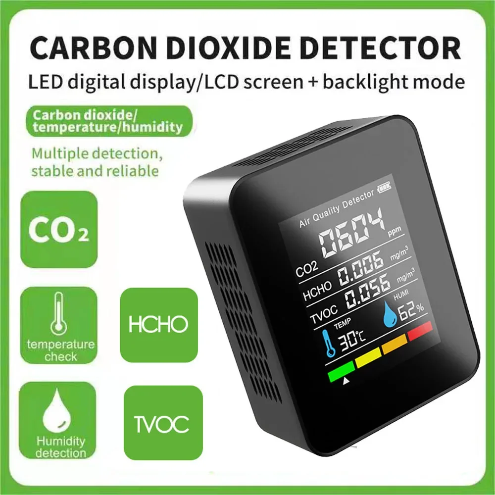 5 In1 Air Quality Monitor CO2 Meter Portable Carbon Dioxide Detector Temperature and Humidity TVOC HCHO CO2 Sensor Analyzer