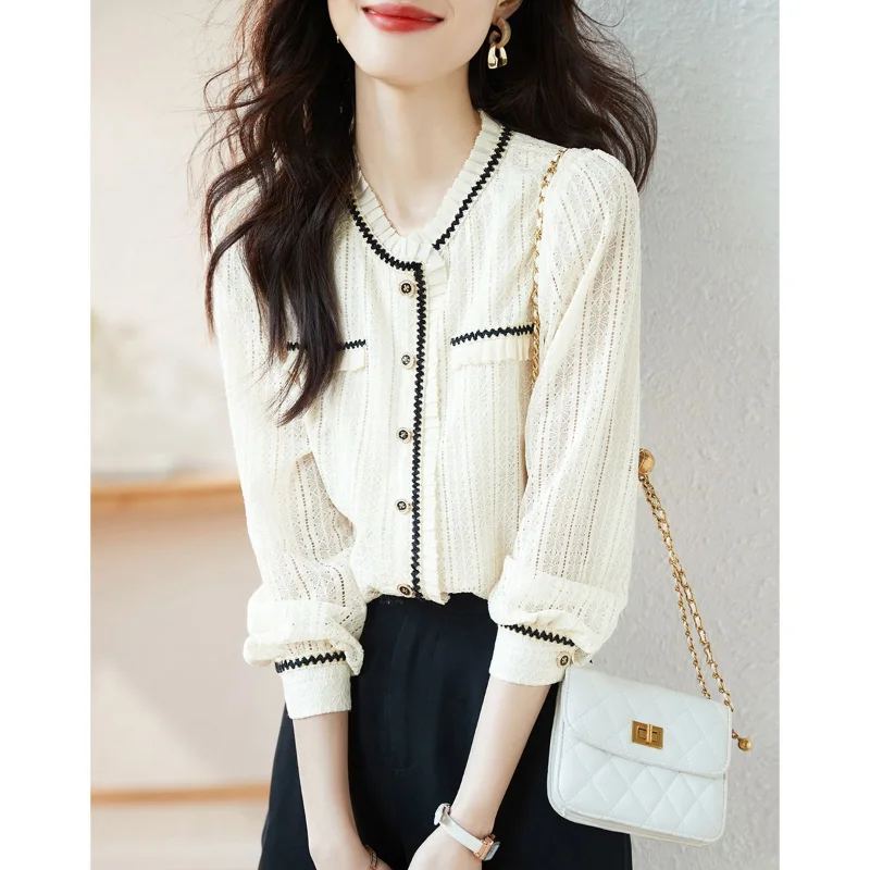 

Lace Long-Sleeved Shirt for Women 2023 Spring Autumn New Fashion Color Contrast Ribbon Decorative Office Ladiy Top blusas Woman