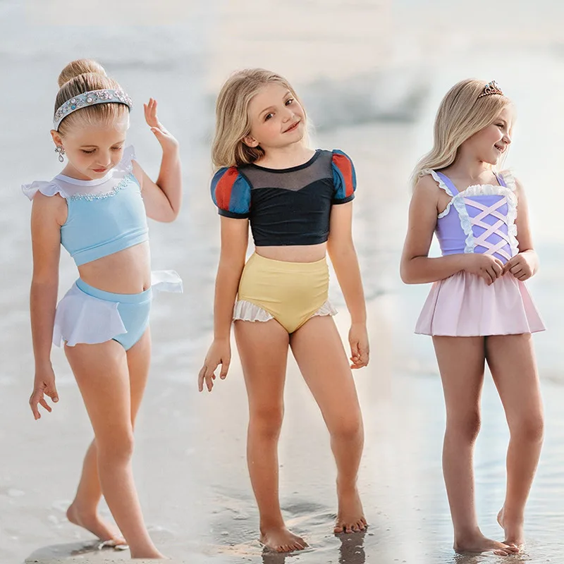 

Summer Cartoon Princess Split Swimwear Set Girl Swimsuit 2pcs Beachwear Kids Anna Elsa Swimwear Jasmine One Piece Bathing Suit