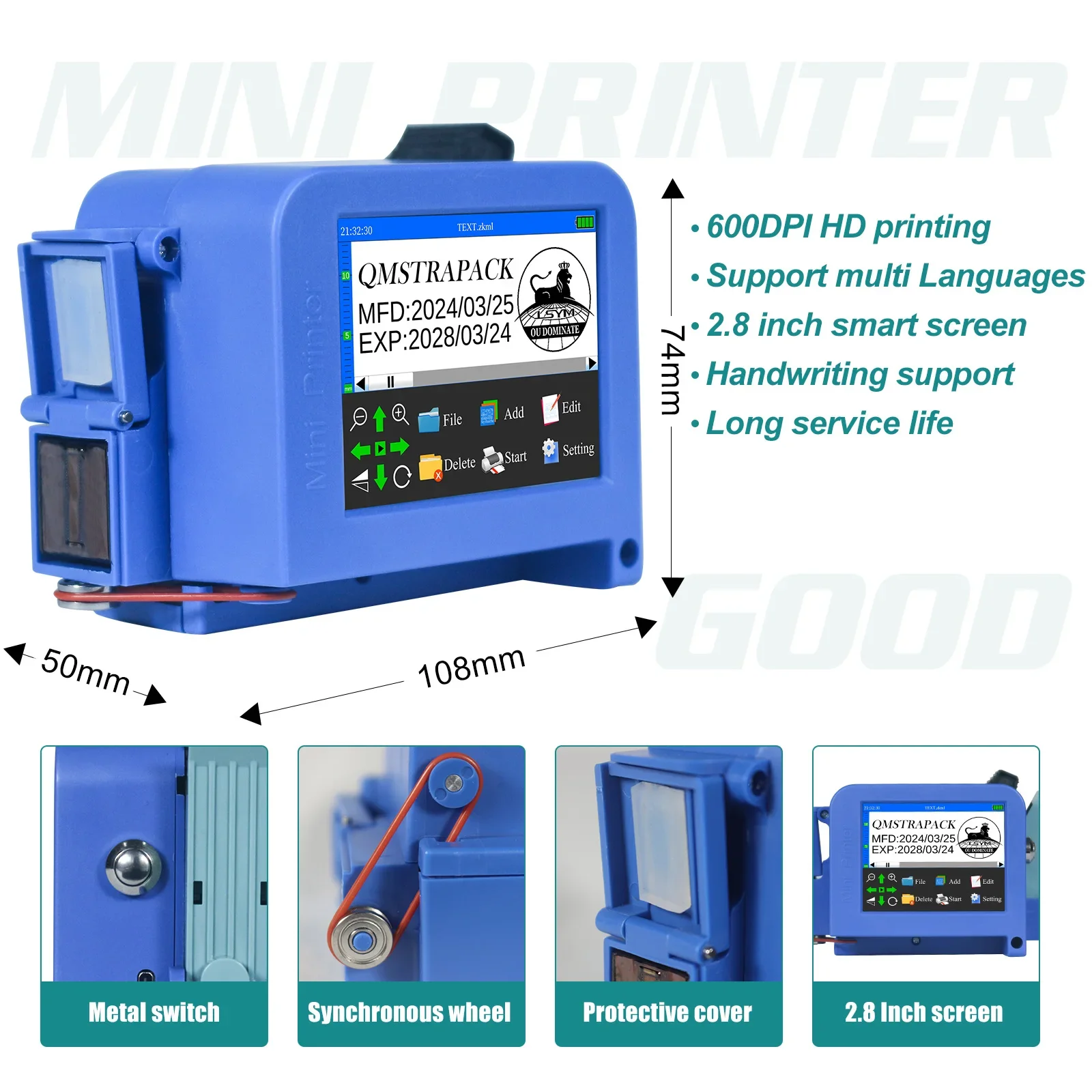미니 핸드헬드 잉크젯 프린터, QR 바코드 배치 날짜 번호 로고 만료 날짜 미니 프린터용, 빠른 건조 잉크 포함, 2.8 인치, 12.7mm