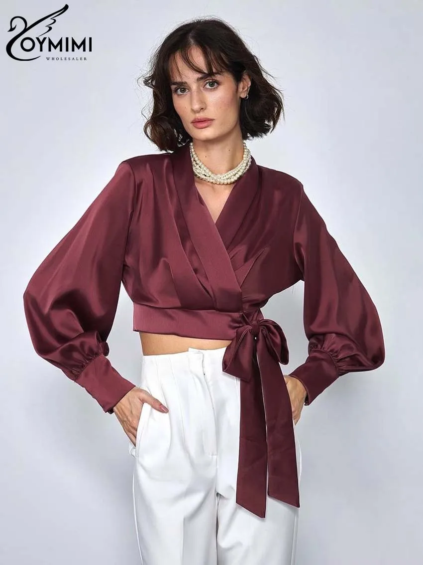 Oymimi Elegant Wine Red V-Neck Women's Shirt Fashion Long Sleeve Lace-Up Crop Shirts Casual Satin Solid Blouses Female Clothing