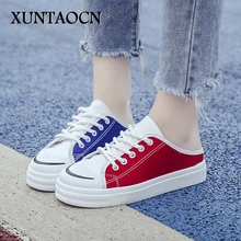 

2022 Women Heelless Slippers Round Toe Mixed Colors Lace-Up Stylish Cool Mules Slip-On Soft Casual Outdoor