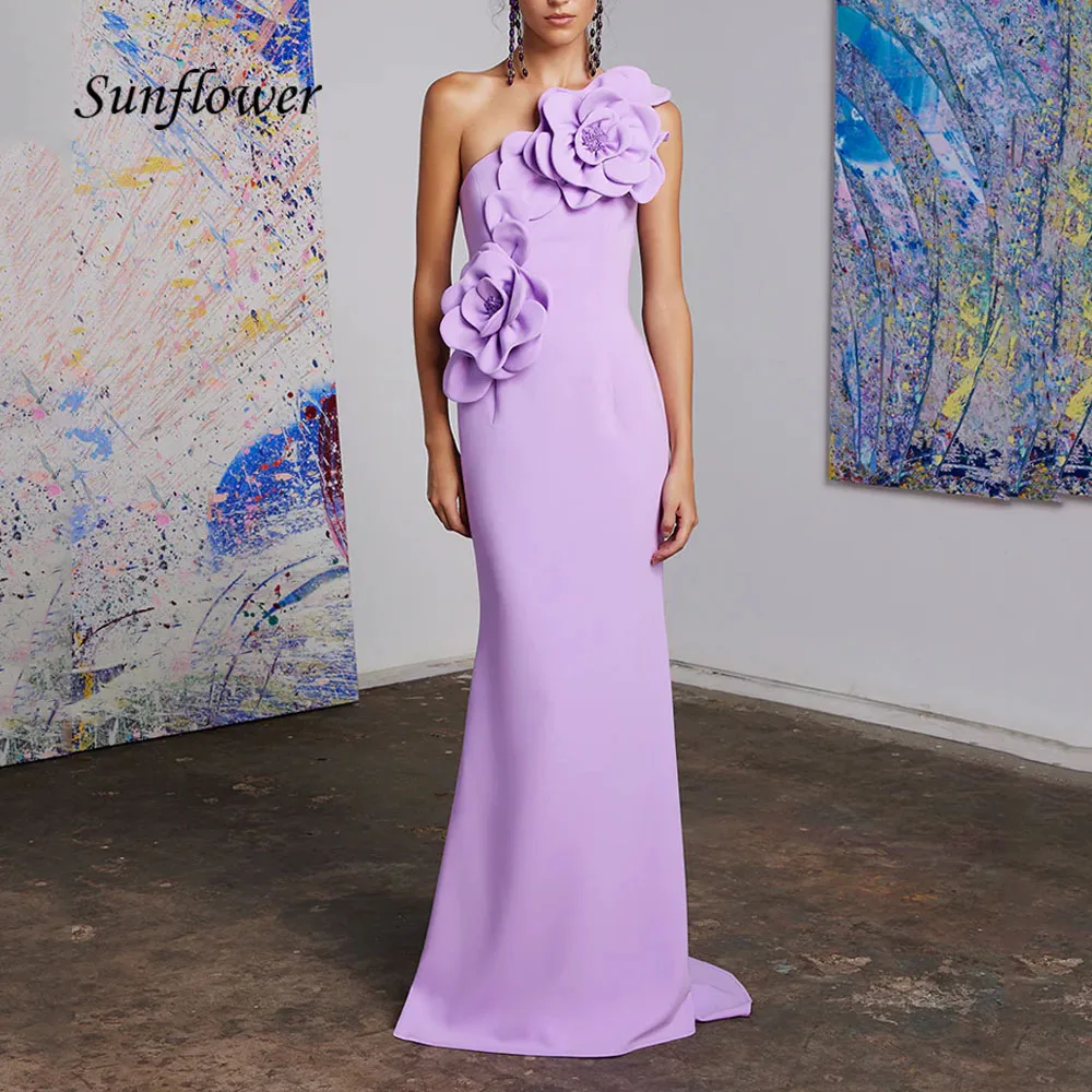 Robe de Soirée de Forme Sirène en Crêpe Violet Clair, Tournesol, Fleurs 3D, Dos aux, Longueur au Sol, Tenue de Bal