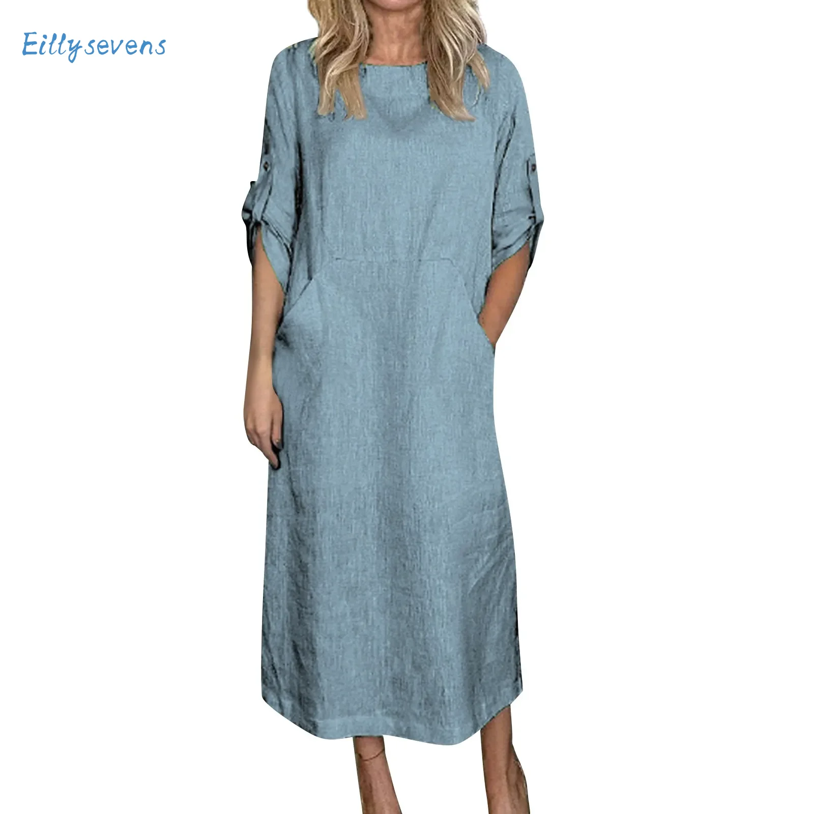 

Women'S New Cotton And Linen Dress Casual Simple Solid Round Neck Double Side Pockets 3/4 Sleeve Long Dress Comfy All-Match