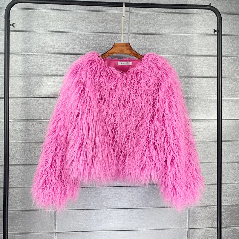Women's Short Faux Fur Jacket Fluffy Outerwear Mongolia Sheep White Pink Winter Eco fur Coat Korean Solid Plush Fur Coat