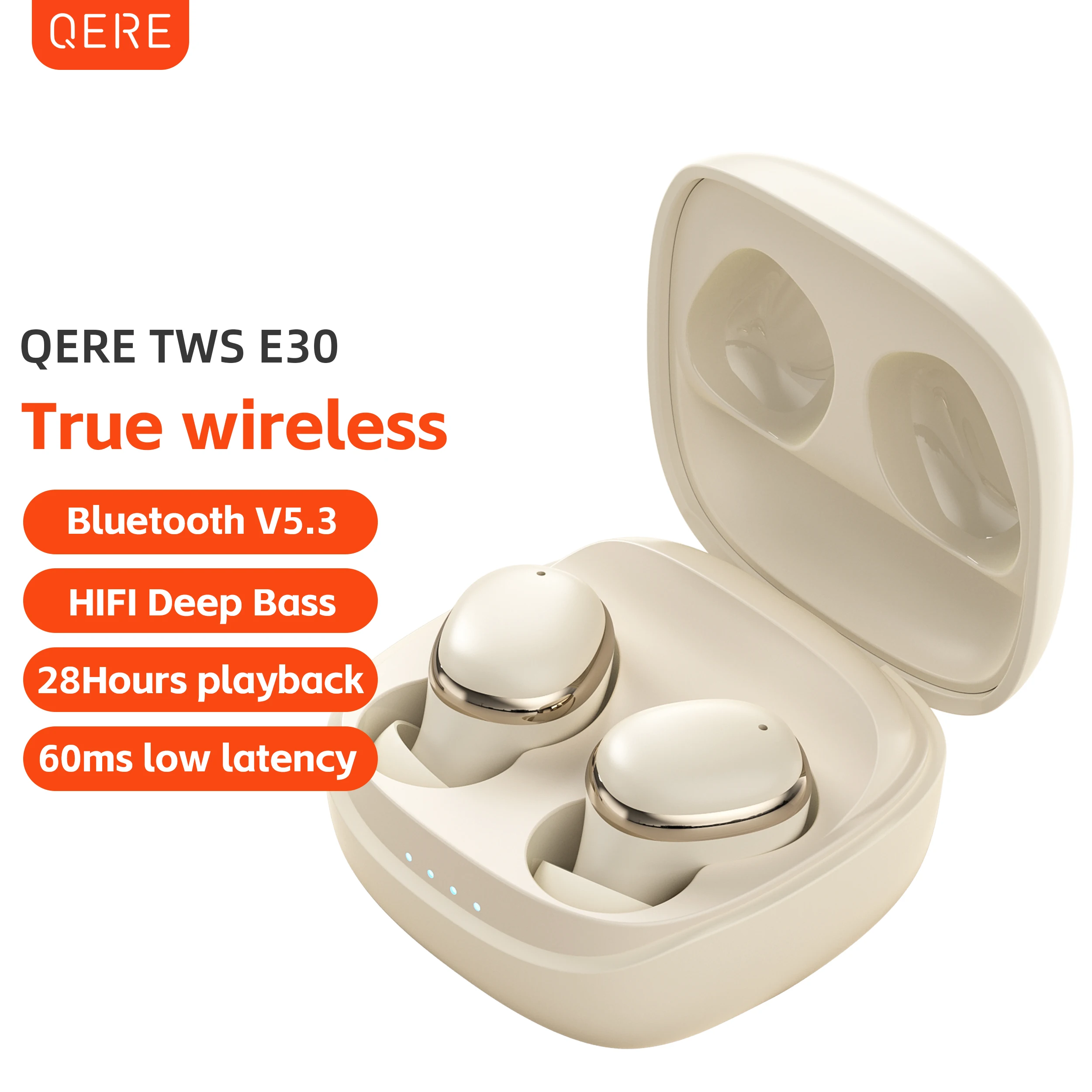 

QERE E30 Fones De Ouvido Sem Fio Bluetooth, TWS Bluetooth 5.3, Microfone HD, Fones De Ouvido HIFI, 13mm Driver,60ms Baixa Latênc