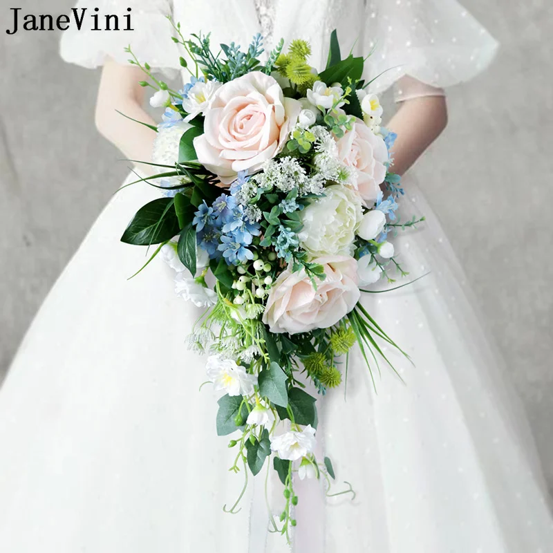 JaneVini Pink and Blue Wedding Flowers Bridal Bouquet De Fleur Artificial Rose Arrificielle Bride Bouquets Outside Accessories