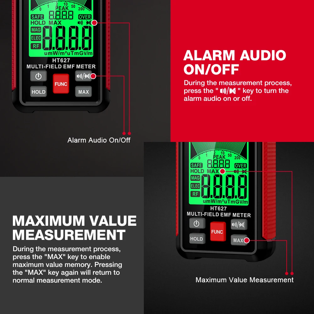 HT627 EMF Meter 3 in 1 Electromagnetic Radiation Tester Electromagnetic Field RF Radiation Detector Radio Frequency Field Tester 5