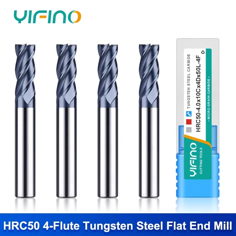 YIFINO HRC50 4 Flute Flat End Mill Tungsten Steel Carbide Nano Coating Endmill For CNC Mechanical Machining Milling Cutter Tools