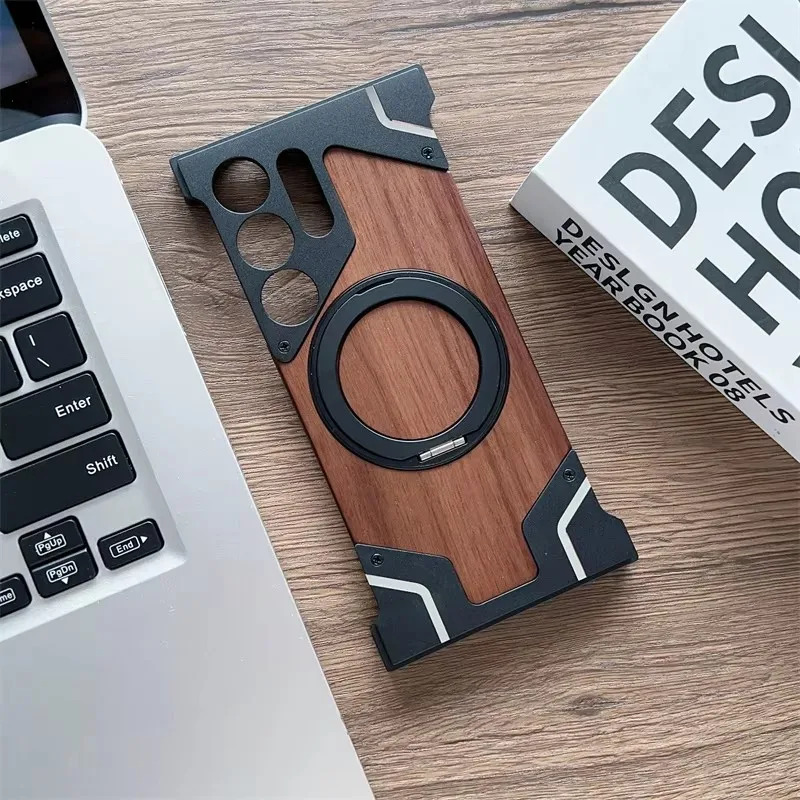 Walnut Wood Metal Armor Case with 360° Rotating Magnetic Bracket - Shockproof Cover