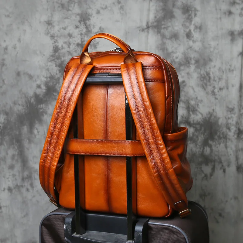 NZPJ Men's Genuine Leather Backpack Top Layer Cowhide Large Capacity Casual Travel Bookbag Korean Version Fashion Computer Bag