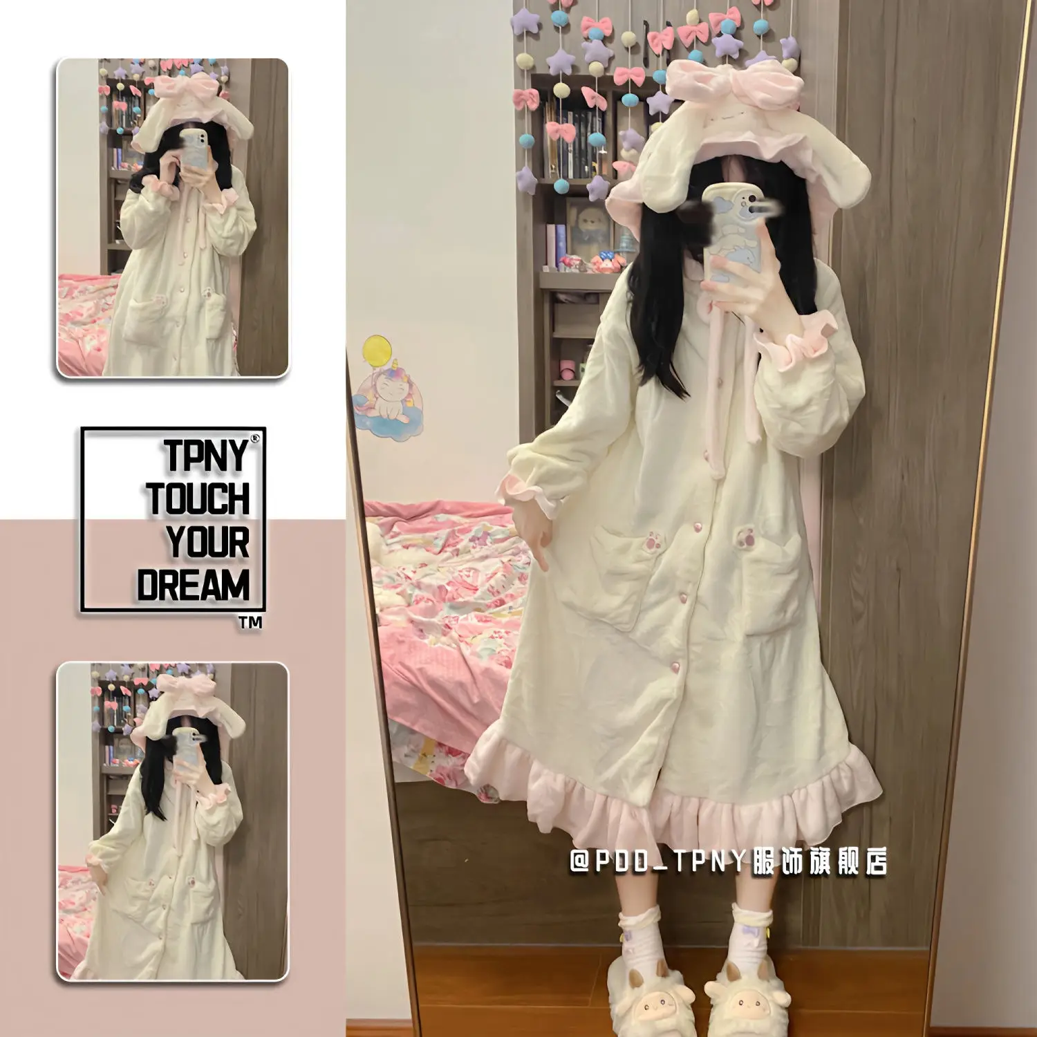

Adorable Cartoon Hooded Coral Velvet Pajamas For Girls Robe Winter New Thickened Mid Length Home Clothing Warm Pajamas