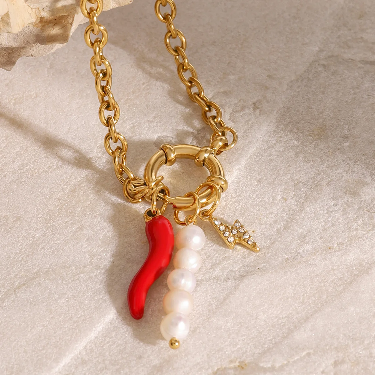 Charm Red Chili Peppe Pendant Chain Bracelet for Women Non Tarnish Stainless Steel Pearl Lightning Charms Bracelets Hand Jewelry