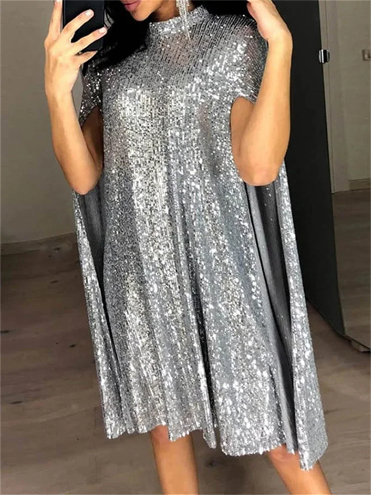 Wmstar Women Dress High Quailty  Stand-up Collar Sequin Loose Fitting Banquet Party Evening Cloak Sleeve Maternity Short Dresses