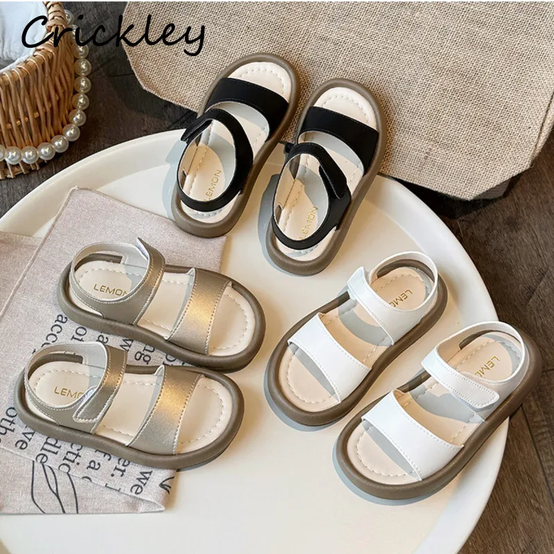 

2024 Casual Children Beach Shoes Solid PU Hook Loop Summer Sandals For Toddler Boys Girls Non Slip Soft Barefoot Kids Sandals