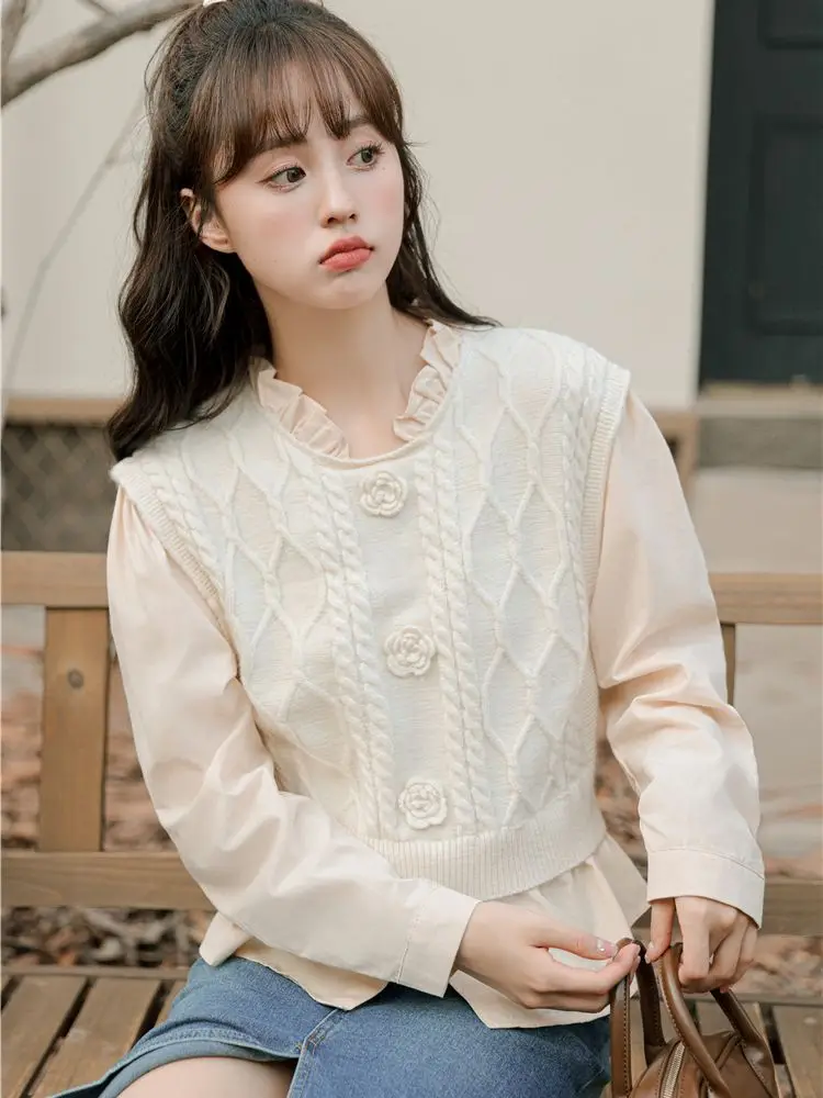 

2022 Fake Two Sweaters Women's Autumn And Winter New Design Sense Minority Knitted Patchwork Shirt Free Shipping