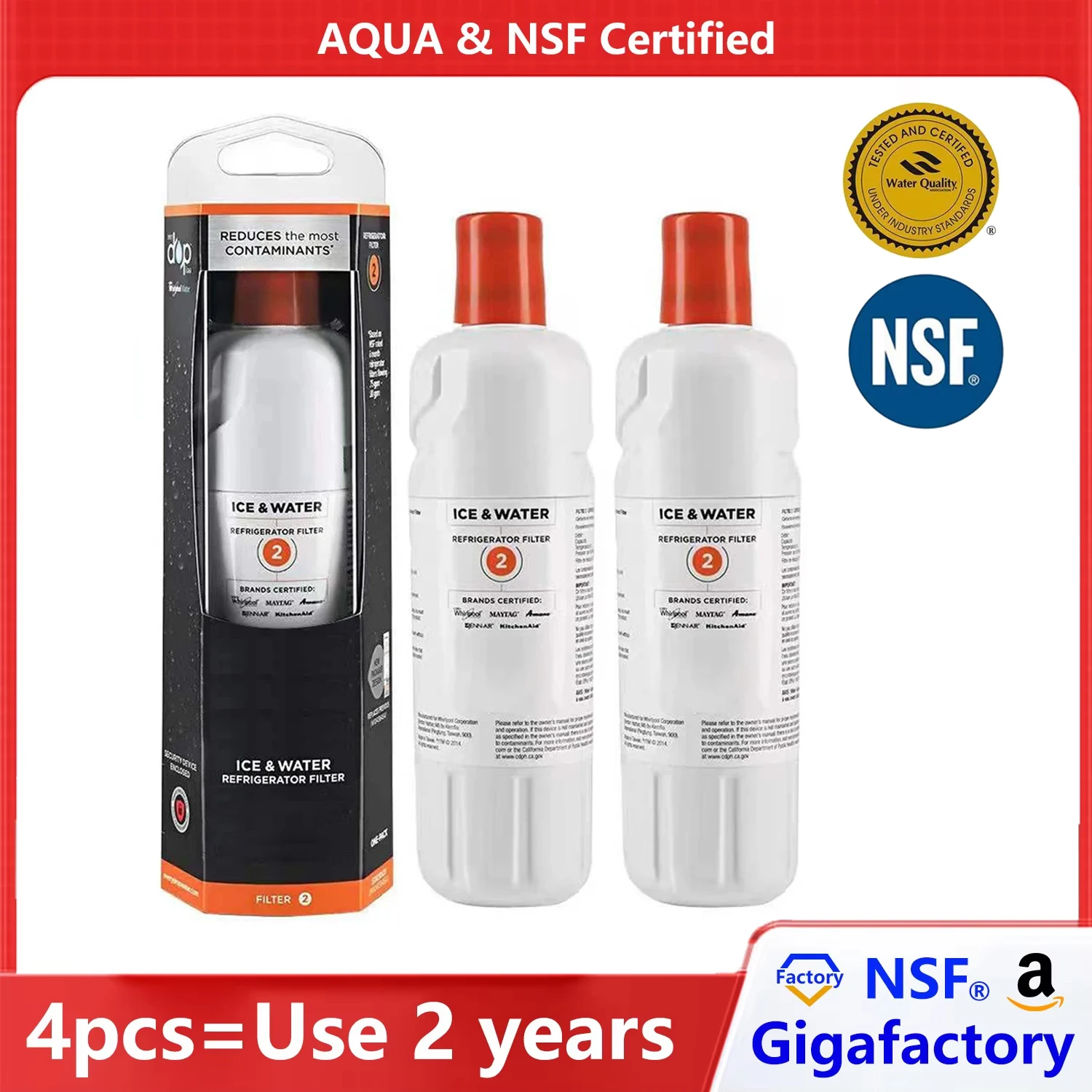 NSF Certified Brand Genuine EDR2RXD1 Refrigerator Water Filter, Compatible with W10413645A, W10413645, Filter2 469082, 469903