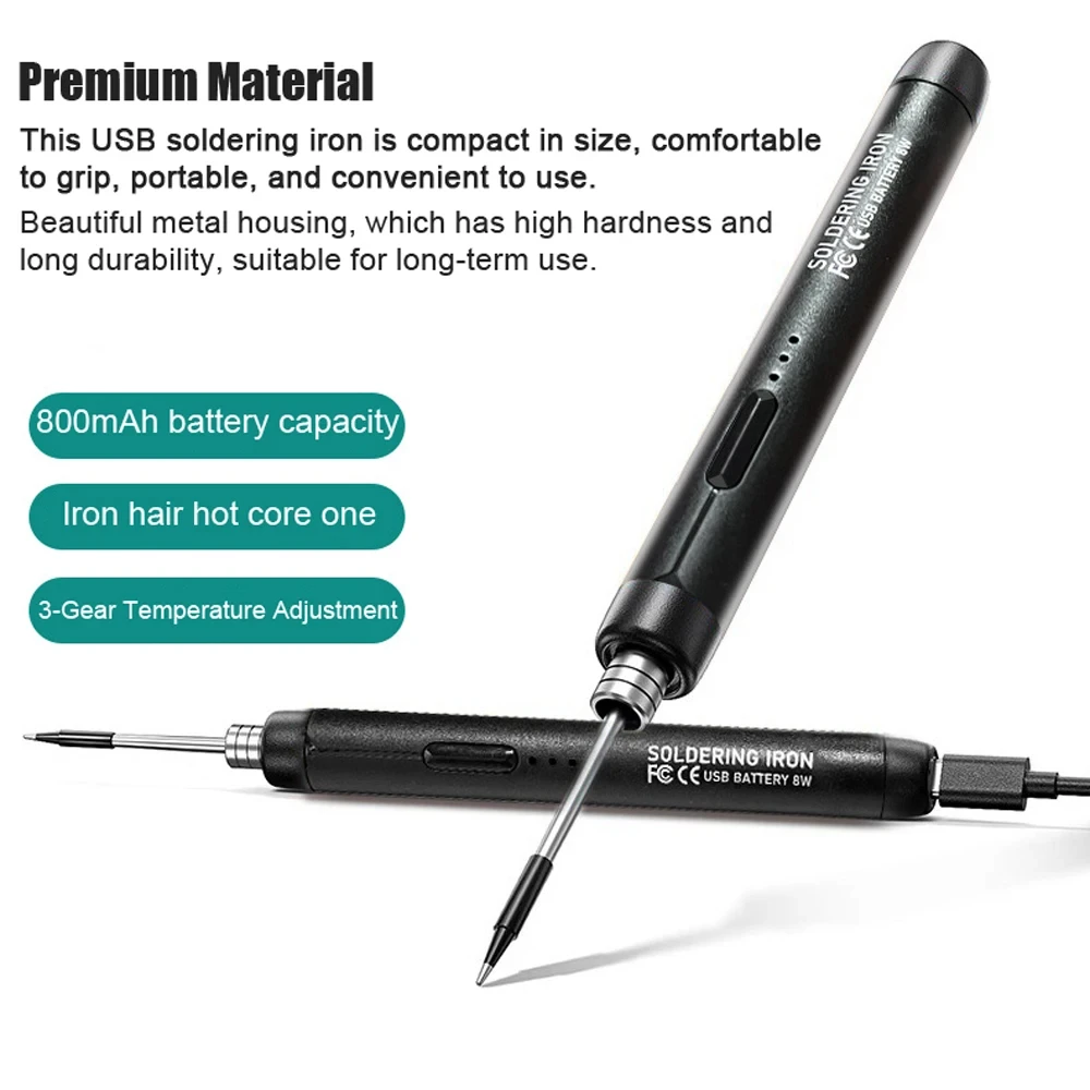 Fer à souder portable USB rechargeable 800mAh avec sa base de charge et indicateur lumineux, parfait pour le modélisme