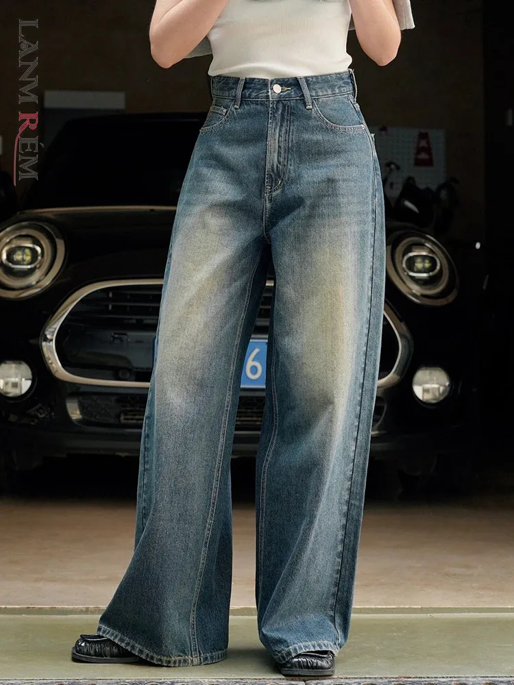 

[LANMREM] Vintage Washed Jeans For Women 2024 Spring New High Waist Wide Leg Denim Pants Streetwear Loose Trousers 26D8626