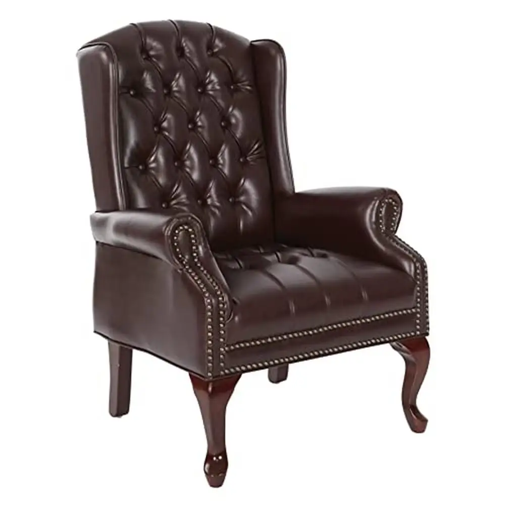 

Traditional Queen Anne Style Executive Chair Thick Padded Seat Lumbar Support Royal Cherry Finish Bordeaux Red Design Nail Head