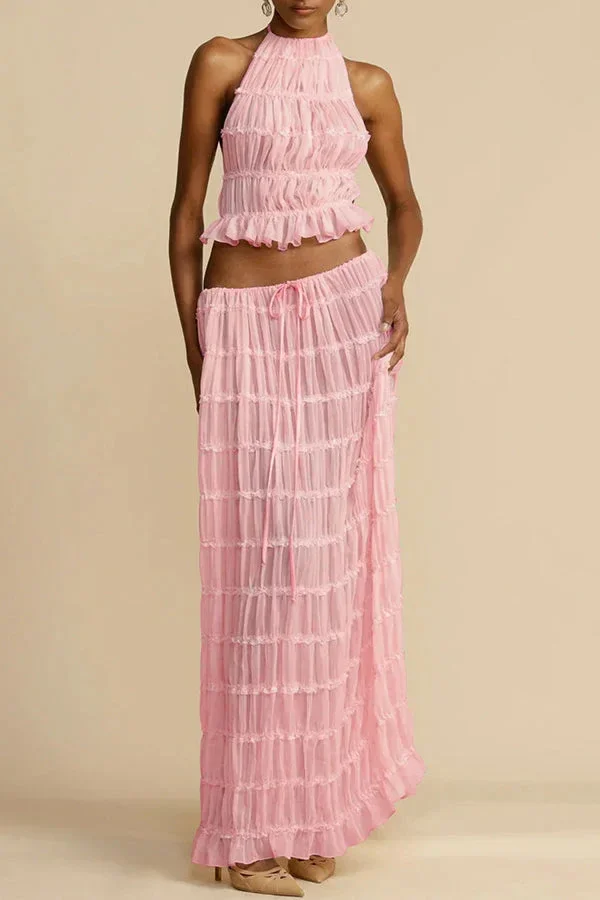 Bandage Fashion 2 Piece-Set Maxi Skirt Female Ruffled Summer Lace Elegant Streetwear Halter Top And Long Skirt Women Sets