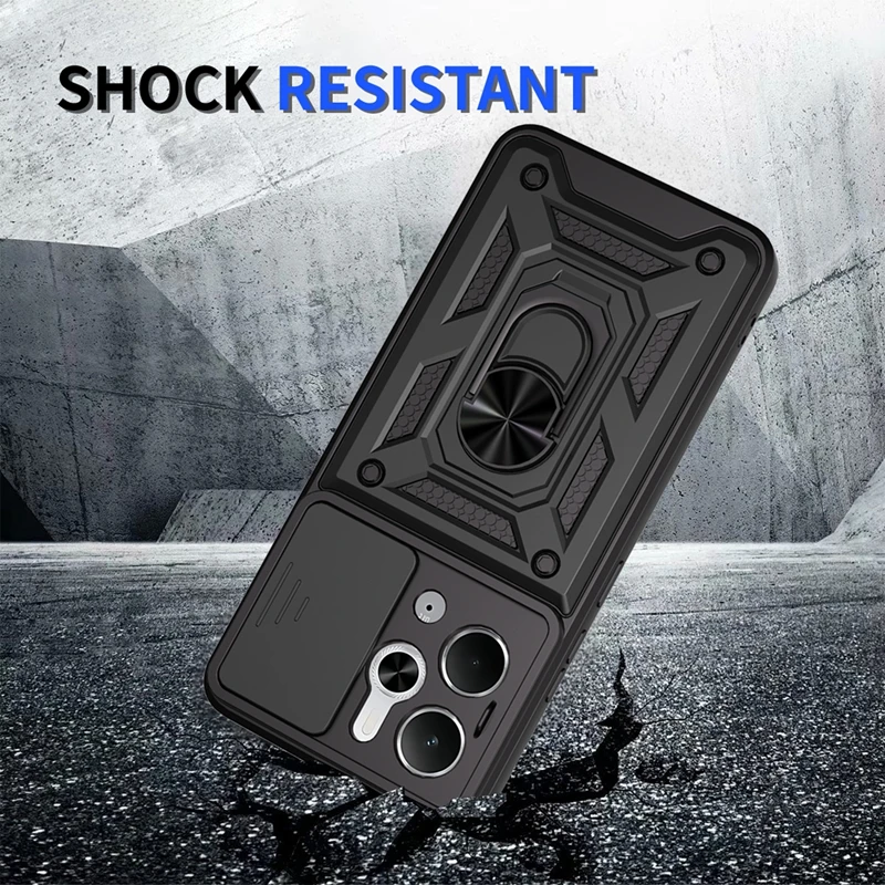 Enhanced Slide Camera Protection Phone Case with Magnetic Ring Holder and Armor Back Cover