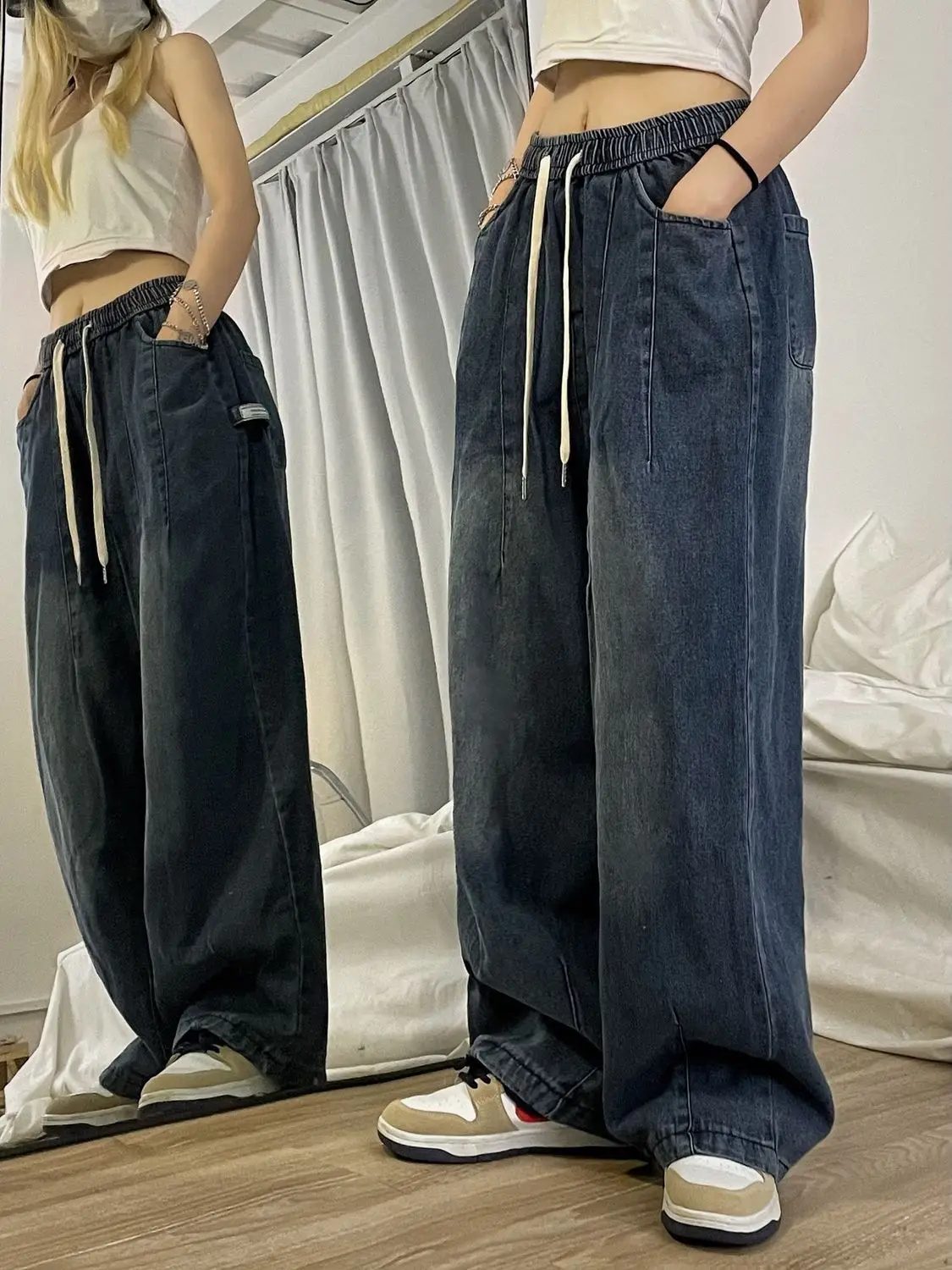 Women's Korean Style Baggy Jeans Wide Leg Drawstring Denim Pants Y2K Streetwear Blue Jeans Oversized Street