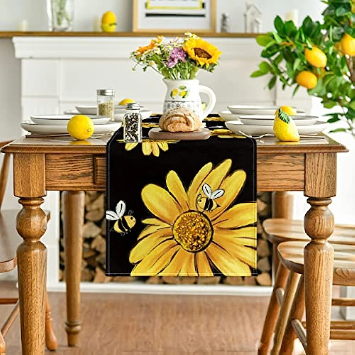 

Summer Bee Sunflower Flowers Linen Table Runners Holiday Party Decorations Washable Dining Table Runner Home Kitchen Table Decor