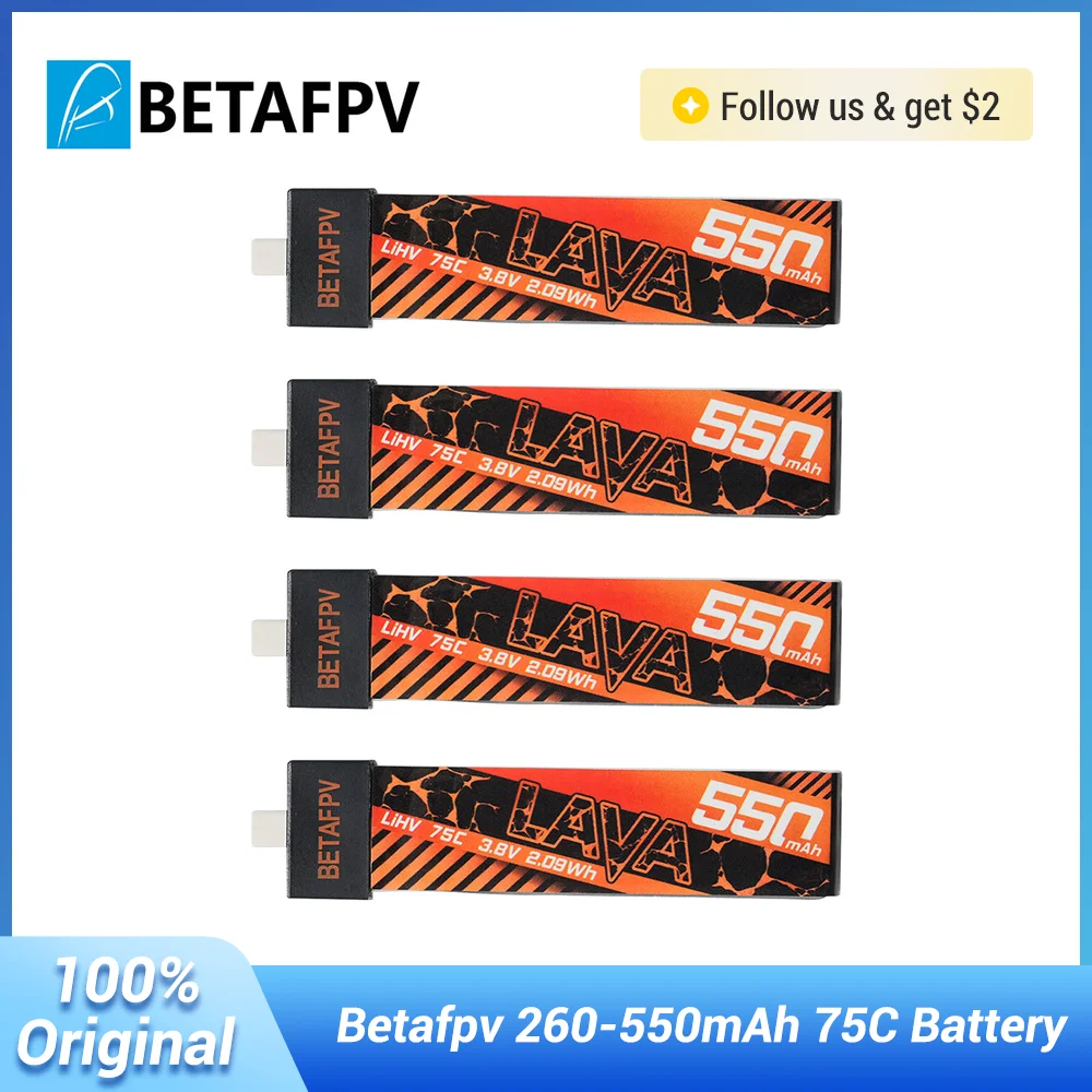 BETAFPV LAVA 1S 260 300 450 550mAh 75C Battery BT2.0 Connector for FPV Racing Drone Airplanes