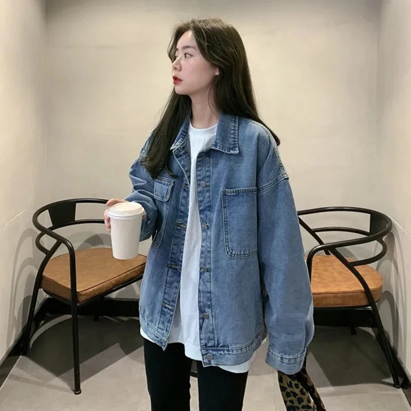 Women's Loose Denim Coat Korean Style Single-Breasted Long Sleeve Jacket Woman 2024 Spring Autumn Vintage Casual Jean Tops Mujer