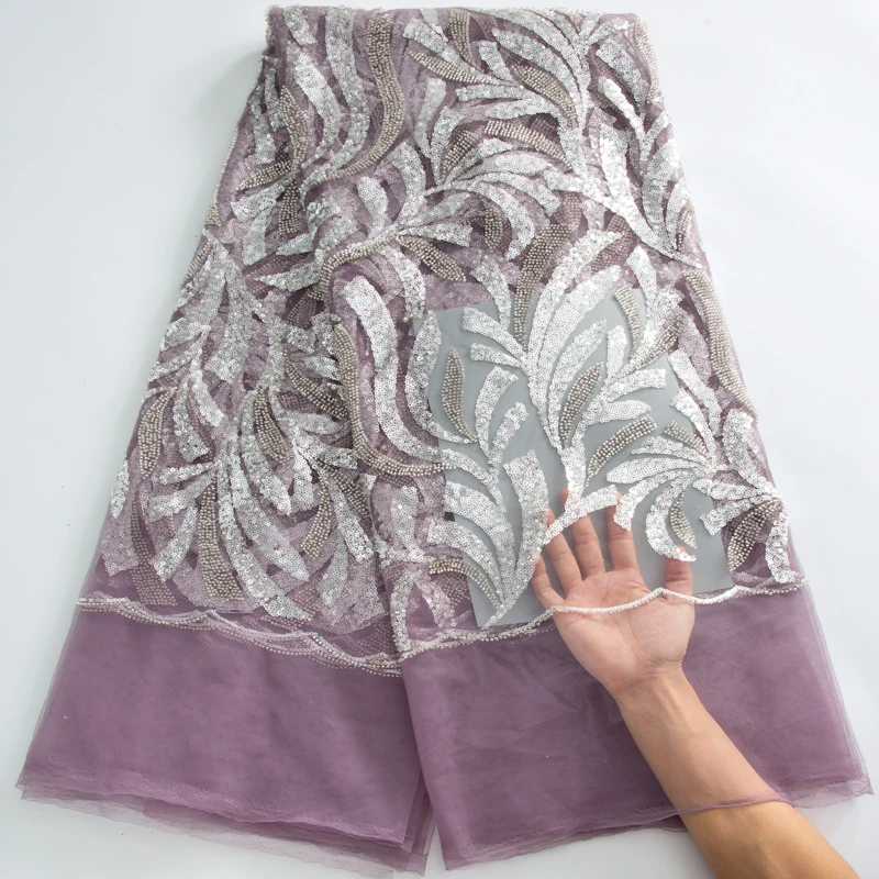 

SJD African Purple Lace 2024 High Quality French Mesh Sequins Embroidery Beads Nigerian Beads Sequins Lace For Women Party Dress