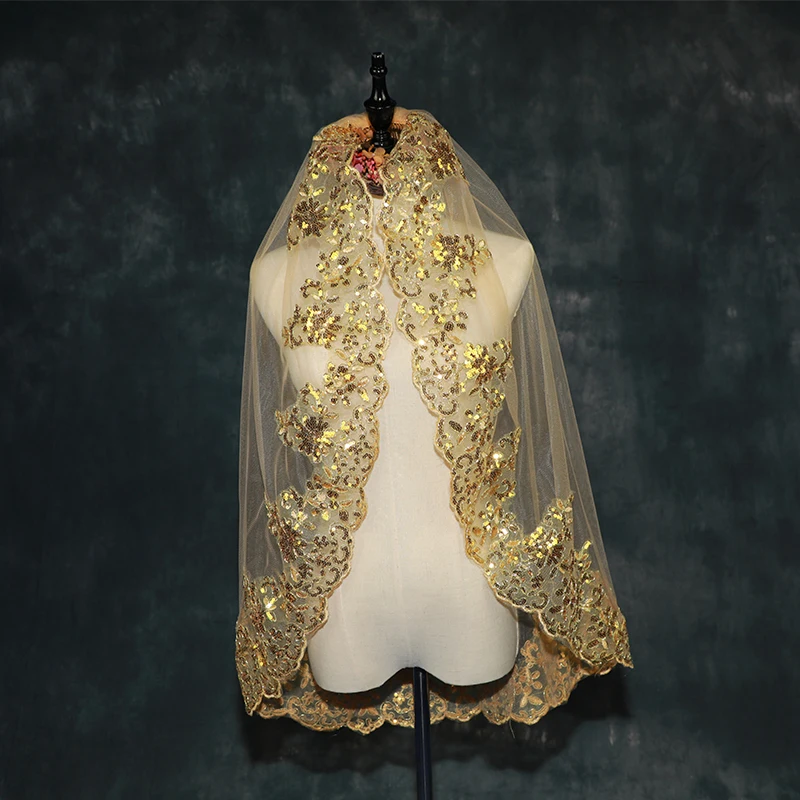 0.9M BlingBling Bridal Veil Gold White Red Wedding Hair Accessories Wedding Veil 1 Layer Bride Lace With Comb