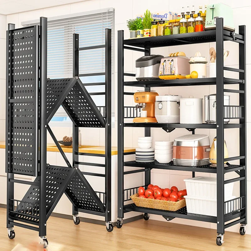 Kitchen Cabinets Folding Storage Rack Installation-free Floor Removable Multi-layer Pot Storage Rack Home Snack Storage Shelf Z 2