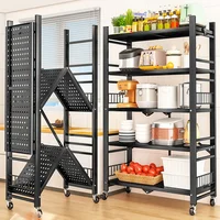 Kitchen Cabinets Folding Storage Rack Installation-free Floor Removable Multi-layer Pot Storage Rack Home Snack Storage Shelf Z 2