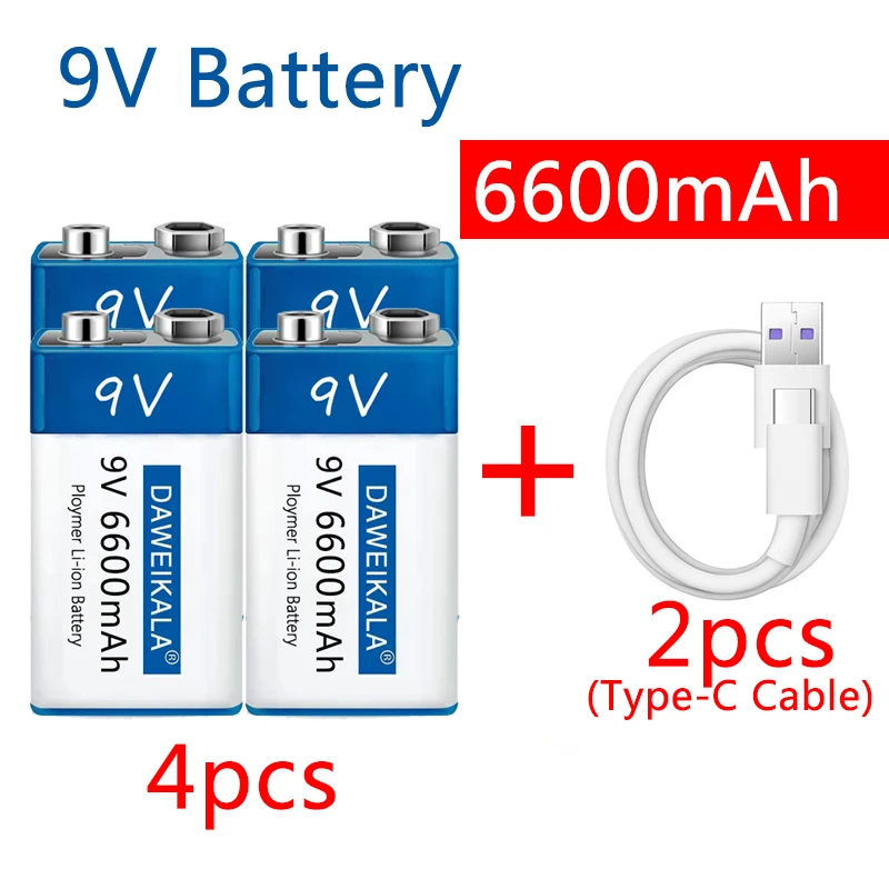 

Литий-ионный перезаряжаемый аккумулятор 9 В, 6600 мАч, USB Type-C батареи 9 В, литиевый для мультиметра, микрофона, игрушки, пульта дистанционного управления KTV