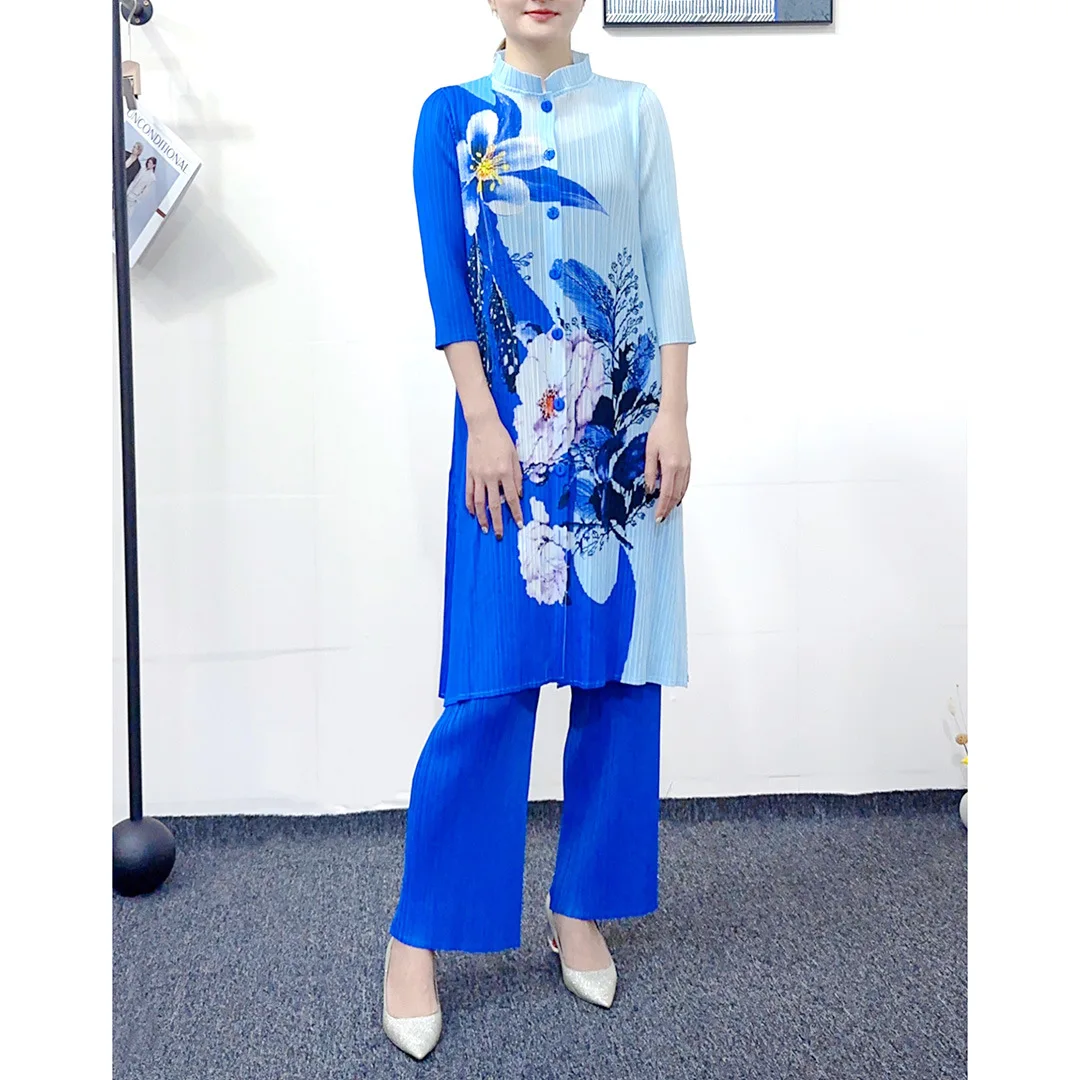 

Женский Повседневный костюм миаке, эластичный топ с принтом и прямые брюки большого размера, костюм из двух предметов для весны и осени